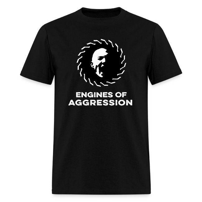 Black t-shirt with 'Engines of Aggression' graphic design in white print Logo on front and "EOA" on back